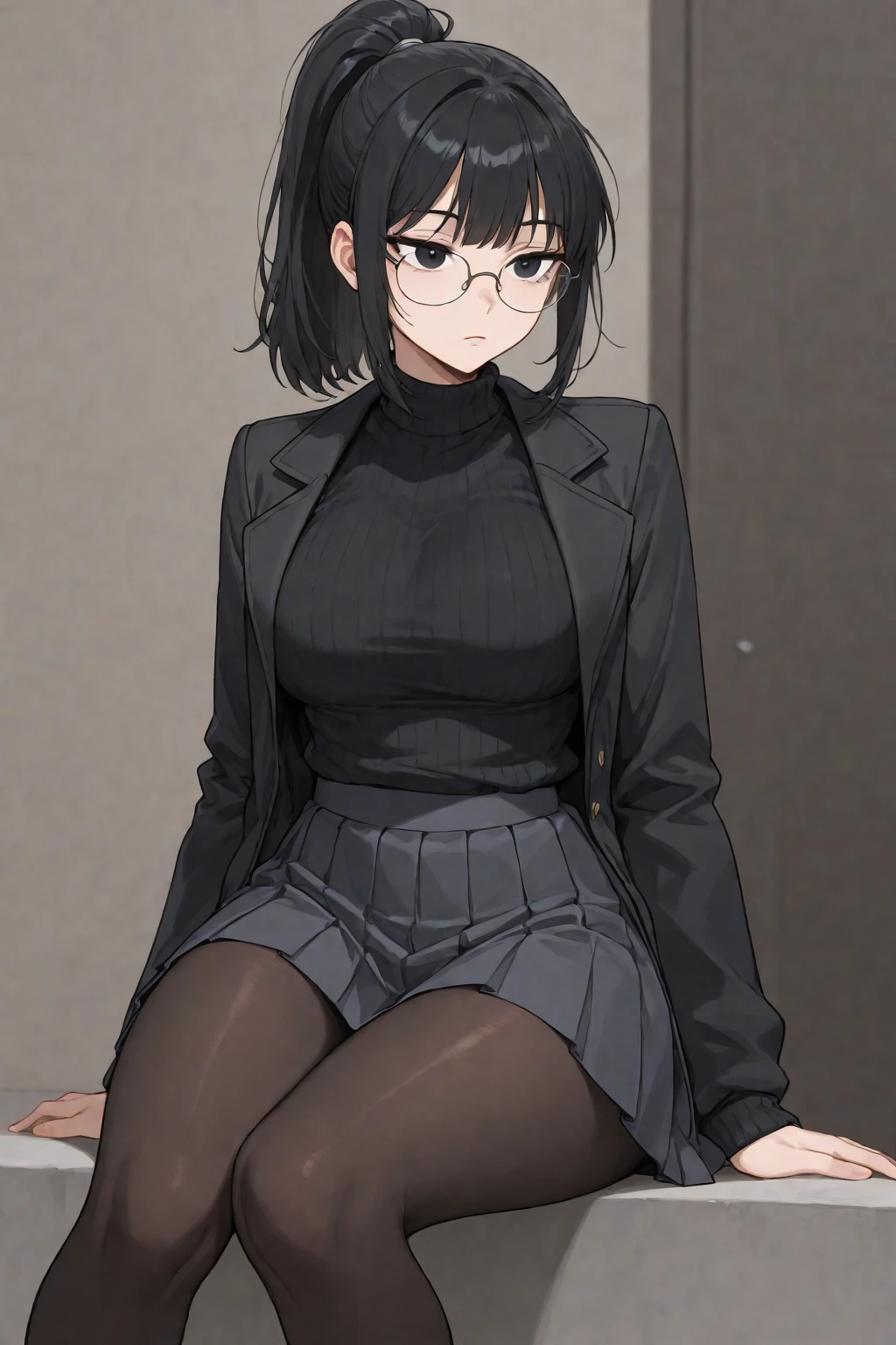 best quality, afterglow, 4k, ((masterpiece)), extremely detailed, 8k, trending on ArtStation, Intricate, High Detail, Sharp focus, sxspnts 1girl, highleg, panties, turtleneck sweater, thick thighs, wide hips, curvy, standing, bare legs, indoors, kuchiki rukia, grey eyes, black hair, (lace), (sitting), pussy, pubic hair