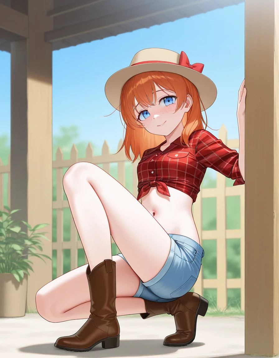 Lake, Sunny, 1girll, Character_Pokemon_serena, Solo, standing, Hands on hips, view the viewer, Smile, Open mouth, Hat, upper legs,Long boots,Naked,Bare,Undressing