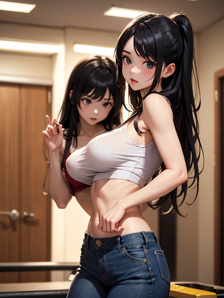 A beautiful woman in lingerie top and denim shorts, smirk, (straight long black hair), earrings , ((black top)), (((Extremely Realistic))),FilmGirl, sexy pose, (thighs, hands), sitting,Extremely Realistic,Split_Pose, (legs), ,photorealistic, bedroom , hourglass figure , very detailed, ((blush))