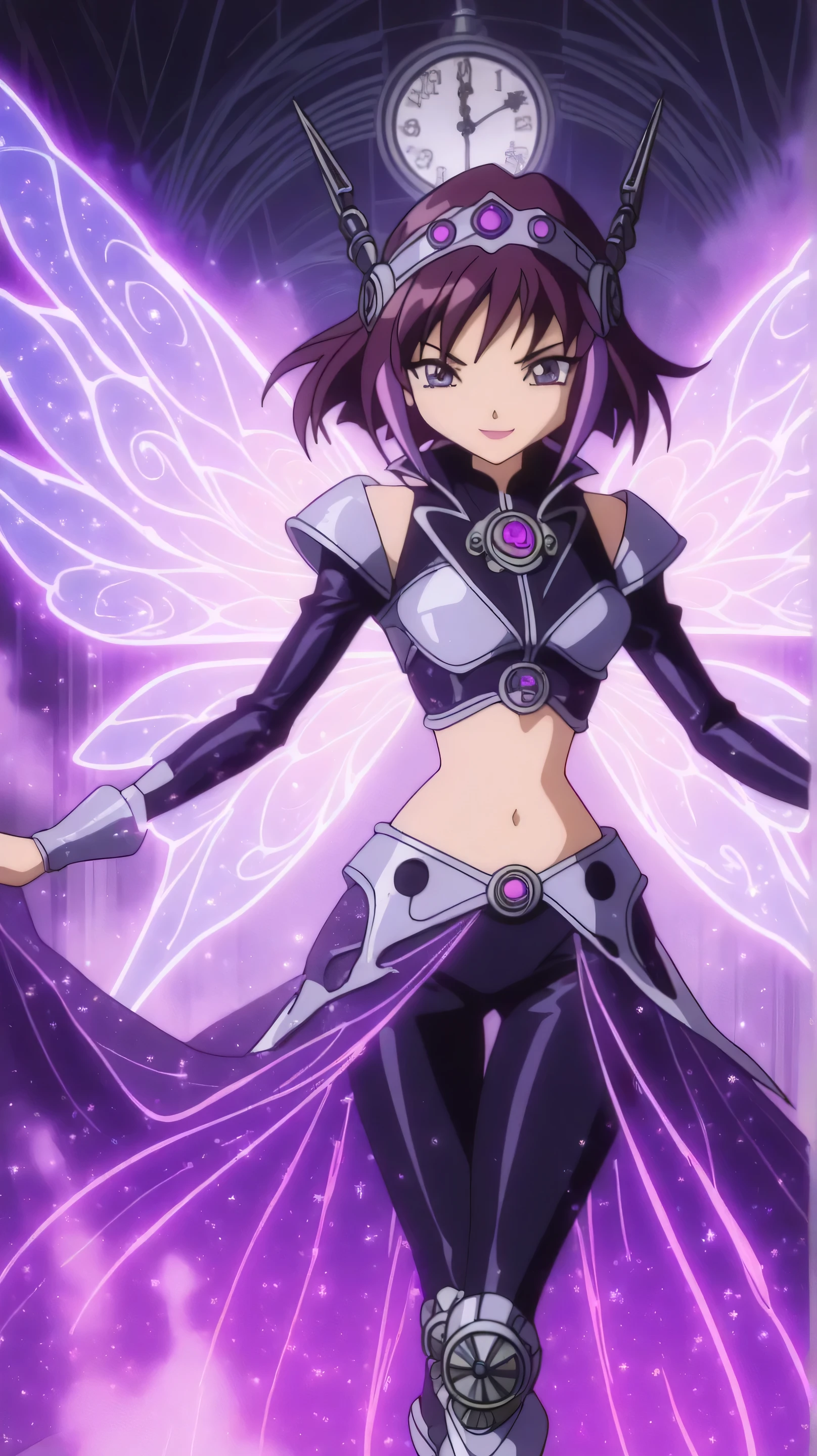 masterpiece, high quality, ultra-detailed, screenshot composition, 1 girl, solo, trainpunk aesthetic, strong fusion of Puella Magi and Winx Club animation styles, Homura Akemi, flowing black-purple hair with magical wind effects, deep purple eyes with ethereal glow, Believix transformation style outfit with steam-engine elements, magical dress incorporating brass and copper mechanical details, transforming metallic wings with clock gear patterns, steam-powered magical accessories, tastefully designed midriff with magical energy patterns, elegant curves enhanced by magical aura, mechanical-fairy hybrid costume, brass and copper trimmed outfit, magical energy trails in purple hues, floating clockwork elements, gentle confident smile with characteristic Homura expression, sparkling fairy dust with steam effects, train-inspired magical accessories, flowing fabric with gear patterns, mechanical hair ornaments, detailed transformation effects, steam wisps mixed with fairy sparkles, vintage train station architectural elements, magical energy ribbons in motion, intricate wing mechanics with steam vents, anime screenshot lighting effects, perfect frame composition, dynamic camera angle, magical particle effects, steampunk-magical atmosphere, warm industrial lighting with purple highlights, cel-shaded style