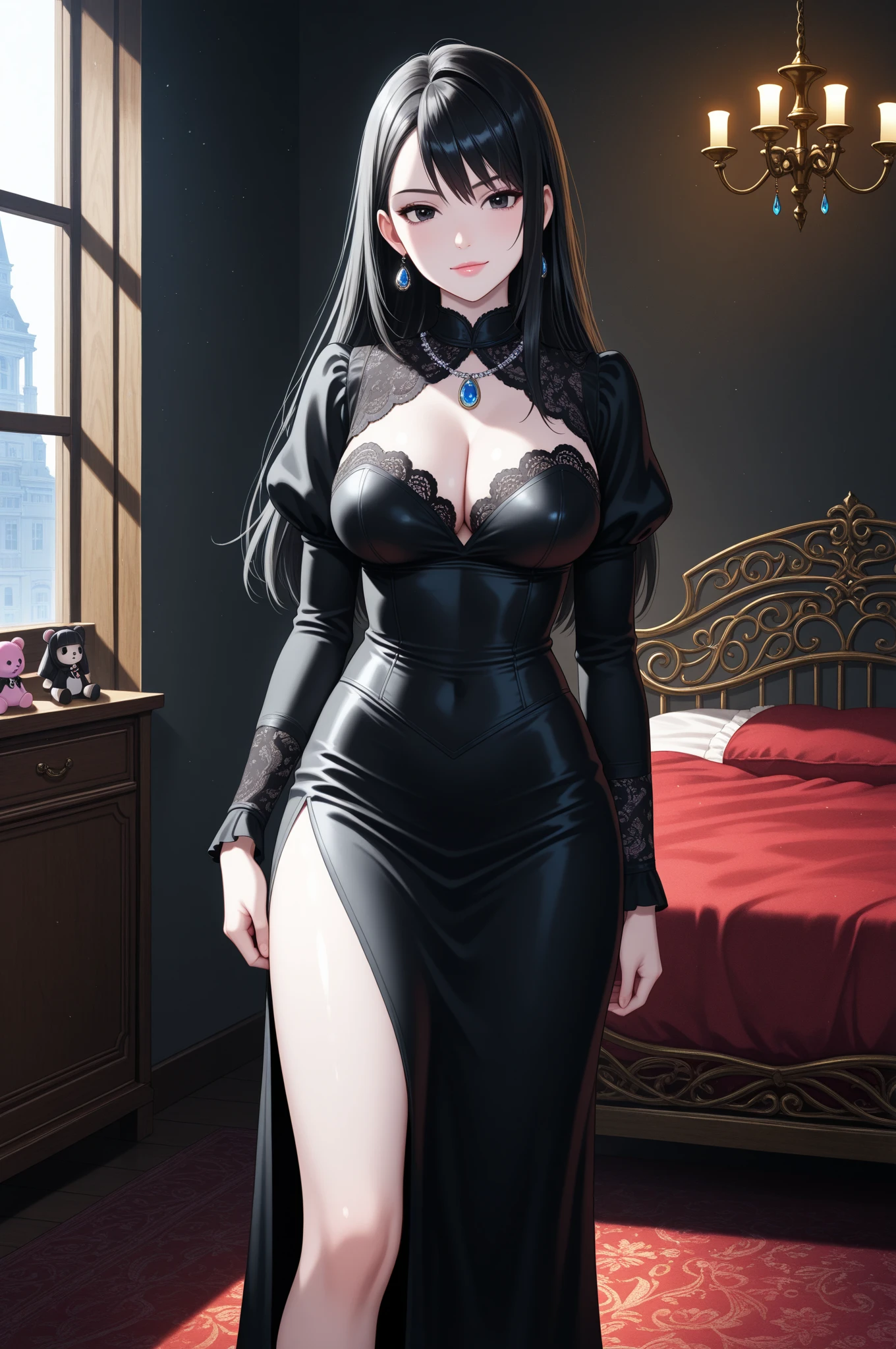 (best quality,4k,8k,Tall,masterpiece:1.2),ultra-detailed,realistic,woman,demon woman,mature,tall, milf, around 30s, in sexy lingerie, Dark, seductive, red and black color scheme, Glamorous pose, long hair, black(dark) hair, piercing black eyes, voluptuous lips, large bust(huge), perky breasts , translucent wings, gothic atmosphere, full moon in the background, dressed in an oversized black t-shirt, with nothing but black lace panties, sensual lighting, exquisite lace details, seductive look, ethereal beauty, nighttime setting, Mysterious aura, Temptation and desire, long nails with red nail polish, tempting curves, hauntingly beautiful, provocative lingerie, faint mist, beautiful silhouette, emotions running wild