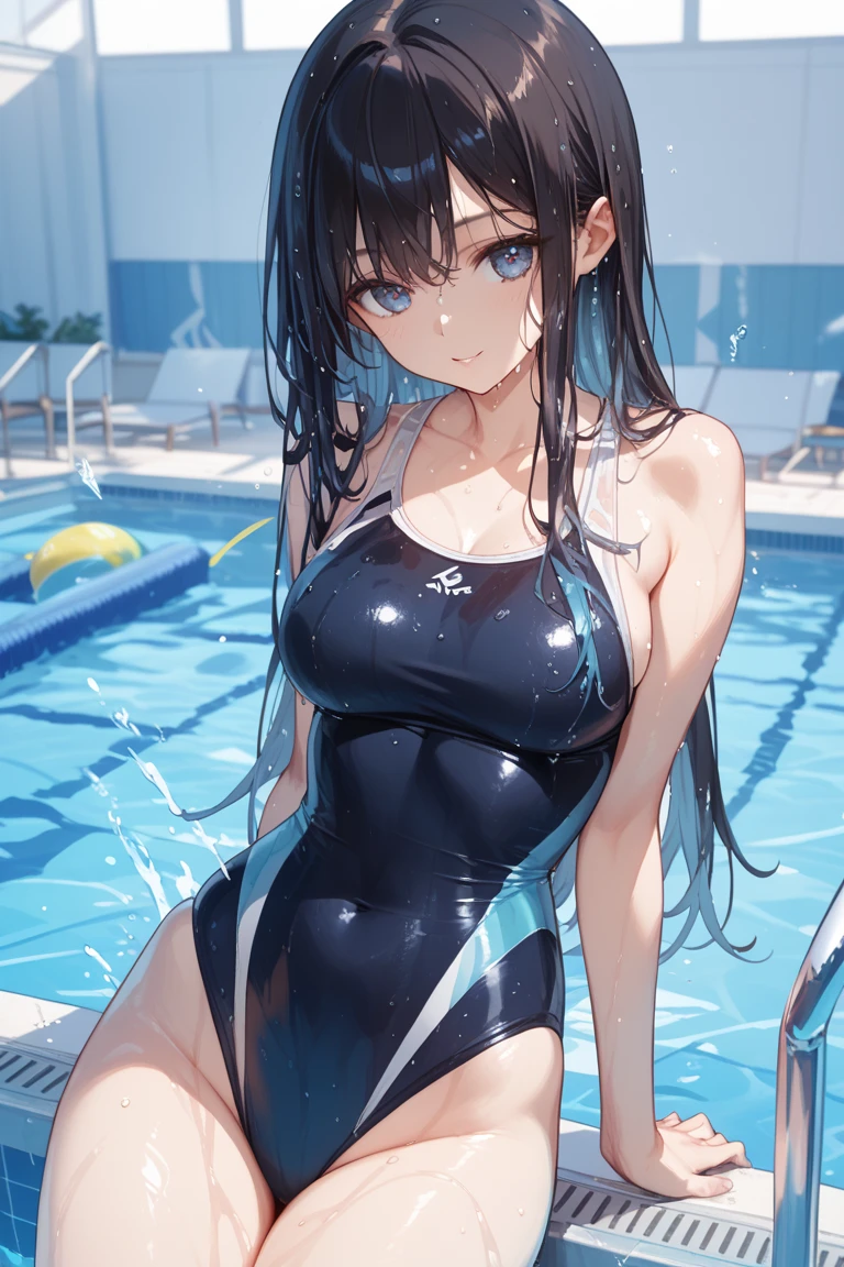((Metallic one-piece_swimsuits, lying on the water and floating, Mediterranean Sea)), skindentation, skinny, solo, 1 woman, Masterpiece, highest quality, highest quality, 16K, incredibly absurd, highly detailed, 2.5D, ai-generated, delicate and dynamic, very delicate facial expressions, delicate eye depiction, erotic, only sexy woman, healthy figure, 25-year-old woman, bride, 160cm tall, medium firm swaying bust, (dark hair), black eye, blush, Sweat,Embarrassed,sexy, ((thin thighs)), (Erect nipples:0.9), (visible nipples:0.9), (camel toe:0.8), ((shiny and lustrous)), facing straight at viewer, ((brown_skin:1.5)), ((Oily_skin)), sweaty skin, wet skin, dutch angle, sexy pose,lying,