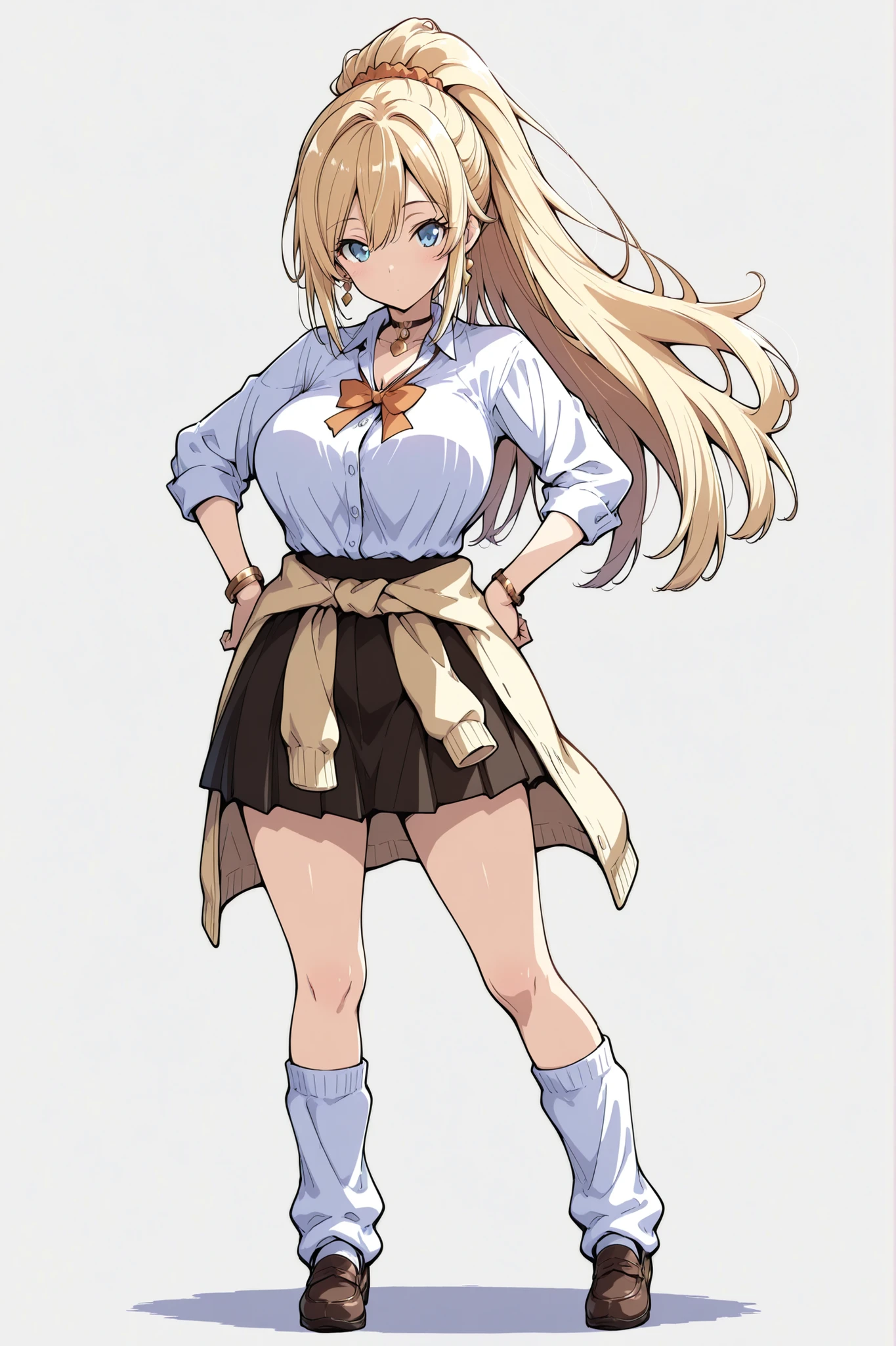 large breasted older sister, best quality, masterpiece, ultra-detailed, finely detail, high resolution, beautiful detailed eyes, from front, wide shot, (solo, one woman), standing, (hands on own ), looking at viewer, eyelashes, cute style, blonde high ponytail, glistening hair, fluffy hair, (Bursting :0.7), dress shirt, (open collar), loose neck ribbon, cardigan around waist, loose socks, shoes, backlighting, fading border, grey background,