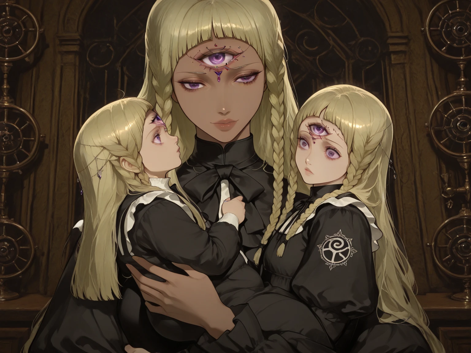 tall woman, volumptious boy, long blonde hair, glasses, seductive smile, evil smile, evil eyes, yellow eyes, white military uniform, white coat hanging on the shoulder