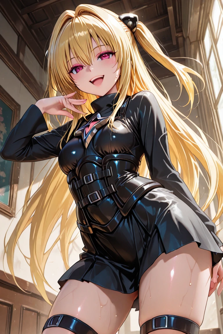 sexy, stonemason, return, smile, Long blonde hair and green eyes, black cropsuperior, superior, Jacket, Blue pencil skirt, Red Boots, White gloves, High heel boots