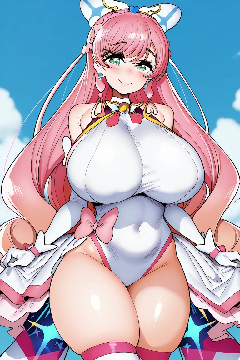 (8K、Ultra-high resolution、Highest quality、Ultra-high resolution、Official Art:1.5,Official Art),(Watching the audience), alone, smile, ((Pink Knee Socks)),(Browsing Caution), (Beautiful big boobs: 1.2 (Pussy), (((Very thick thighs))),Wide Hips, Beautiful thick thighs, 巨大なCircleいお尻, Beautiful huge natural breasts, (orgasm: 1.5),(Are standing/Are standing in honor),(Take off:1.5),Beautiful Hair, Beautiful Face, Beautiful and beautiful eyes, Beautiful clavicle, Beautiful body, Beautiful legs, Beautiful fingers,
(Beautiful views),smile),((front:1.5)), (((No pants, Genitals are visible))),Bangs straight,,Futanari-Style Nekov0,((cute, (((Thick penis:1.5/Circle々と太った大きな睾Circle:1.5))),blue sky,Kome-Kome (from Delicious Party♡Pretty Cure),(((Cute official uniform))),