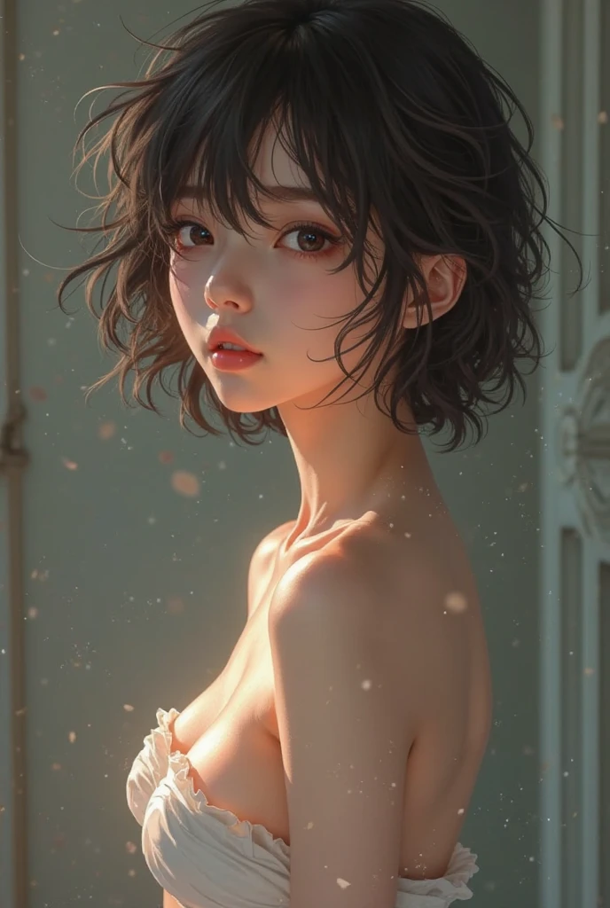 (((Masterpiece))), (((portrait))), Kujou Sara, diffused light, dynamic shadows, sharp focus, realistic, detailed, highres, absurdres, white background, no bra, photorealistic, lifelike, wet, mascara, blushing, sleeveless, youthful appearance, pee stain, white panties, armpits