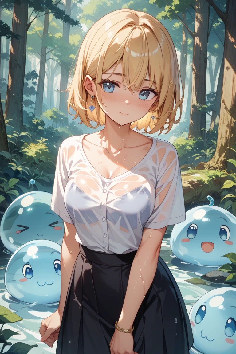 A young girl and a watery slime have sex and climax over and over again,The face of a woman fallen into pleasure,Blonde short hair,Green Eyes,Semen covered kindergarten clothes,Height 10cm,Watery slime-filled bushes,Cute and naughty,blushing cheeks,A tentacle-shaped slime slides through a pussy,Clothes dissolve in watery slime