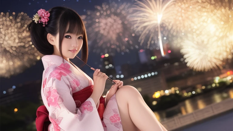 TOP quality,8K, masterpiece, (realistic:1.2), (1girl:1.2), japanese, 20yo,(laugh:1.0),(yukata),(sexy:1.5),(portrait), (fireworks:1.3)