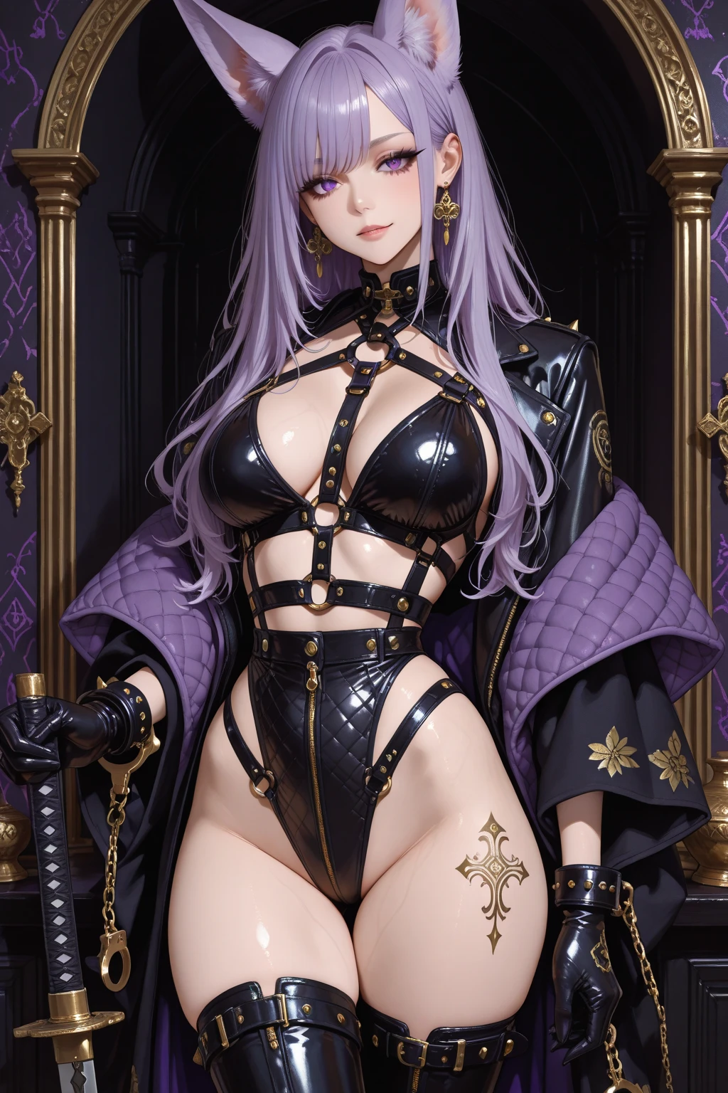 1girl, a knight, purple hair, beautiful face, skull tiara, full body amor, black heavy amor, perfect body, large breast, purple lingerie, sit on acient chair, black sword, look at viewer, hell back ground
