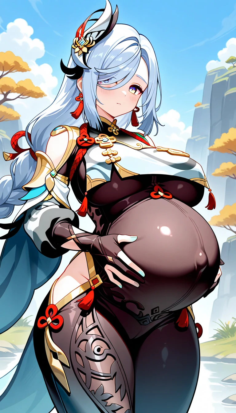 edelgard from fire emblem, big belly, obese, pregnant, fat stomach, purple colored eyes, sitting, table full of food
