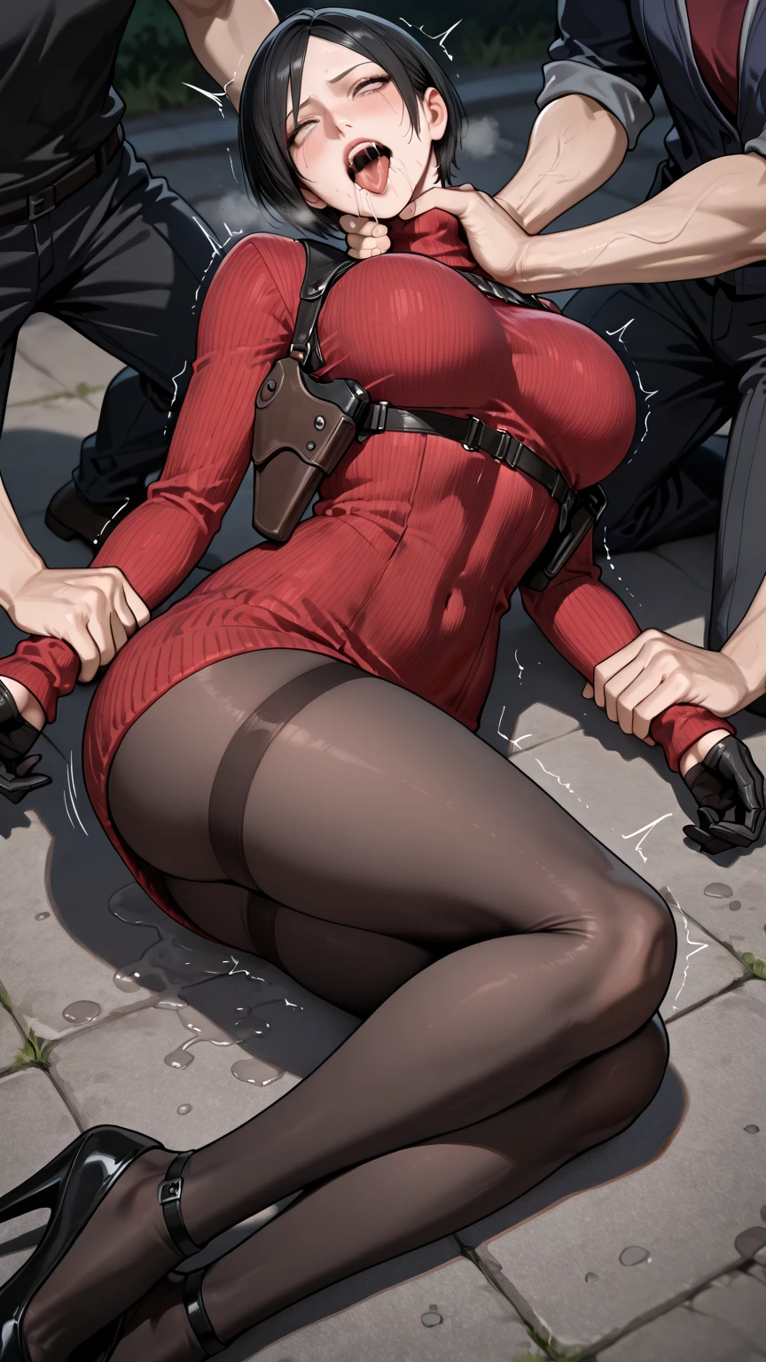 Keqing tied up with rope ,bondage ,hands bound together with rope ,big boobas covered by leather shirt ,latex tight pants ,tape surrounding her mouth,standing still ,legs bound together with rope ,show only from view ,gagged , someone ftom behind touching 