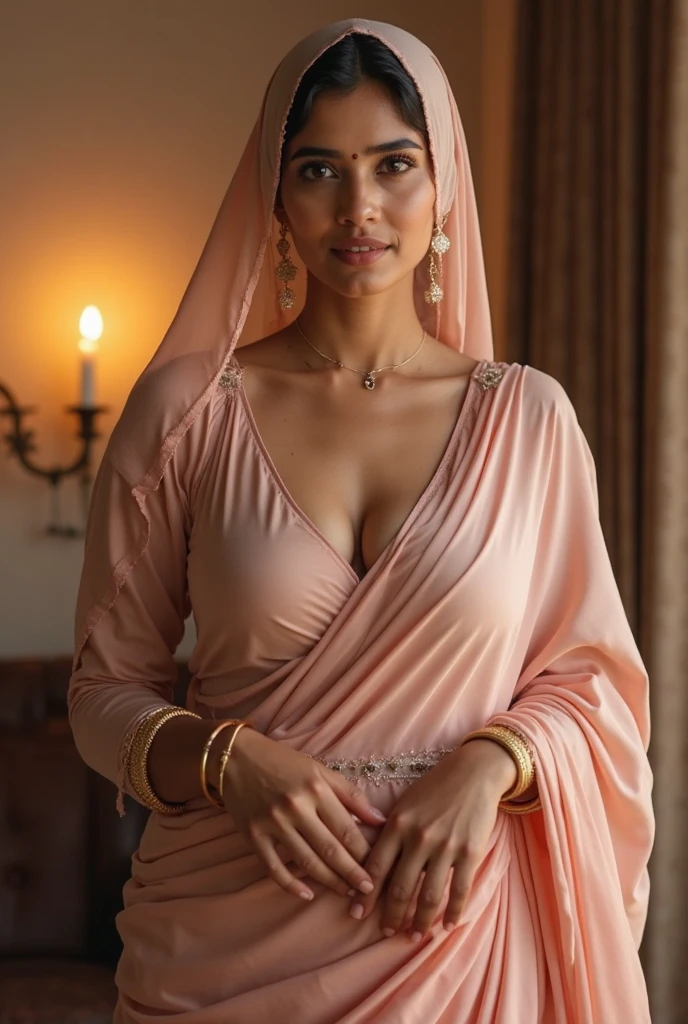 ((Best quality, 8k, Masterpiece :1.3)), Whole body, Sharp focus :1.2, A pretty Arabian woman, curly big long dark hair, beautiful lighting, red eyes, big breasts, thick thighs, wearing Full caftan moroccan outfit Islamic hyper realistic,