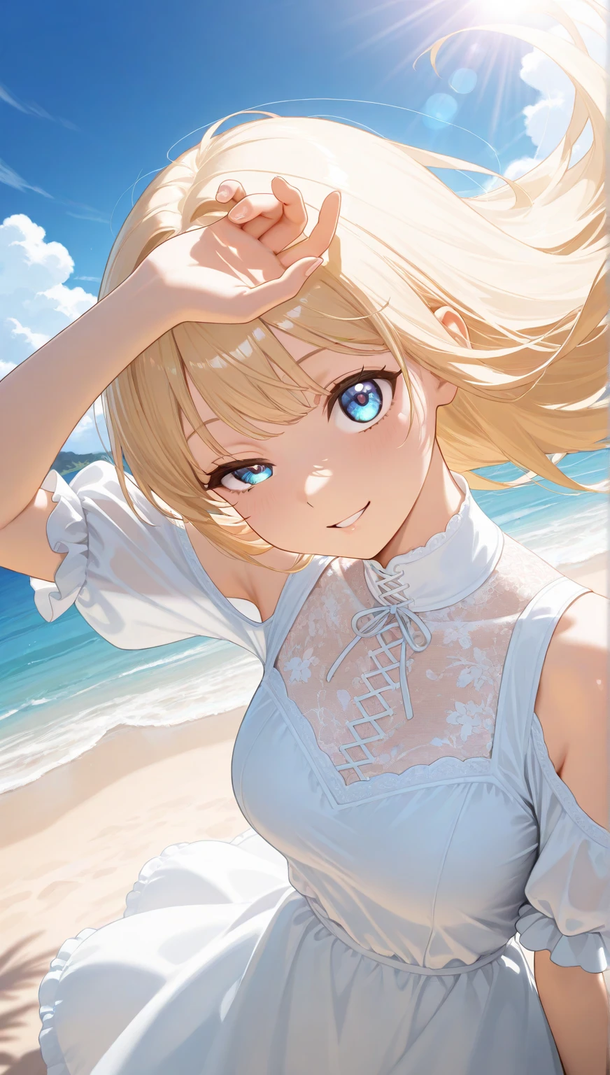 Lumine usando un traje revelador , vestido transparente , cabello mojado , caminando en la playa , pechos grandes , culo hermoso , ojos seductores