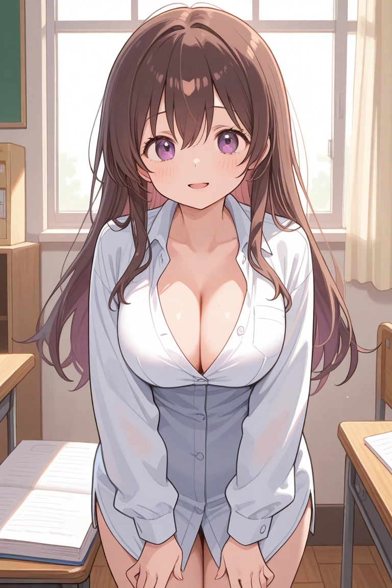(Highest quality, High resolution, Masterpiece, 4K), (Soft light、Luster of hair、Beautiful eyes)、young woman、The whole body is visible、Adorable smile、 ((Wavy medium short hair, bangs, Chestnut Hair)), ((Wistful eyes、Gray Eyes, Perfect Eyes)), ((Detailed face, blush:1.1)), ((Smooth texture:0.75, Realistic texture:0.65, Realistic:1.1, Anime CG Style)),Medium chest、Glamorous Body、(Sexy thighs、I see beautiful legs)、(Unbuttoned short sleeve shirt、Pink mini skirt),Simple Necklace、Cute Earrings、Angle from the front、Sit at a desk、Peeking into this、The hem of the shirt is visible、Angle from above、