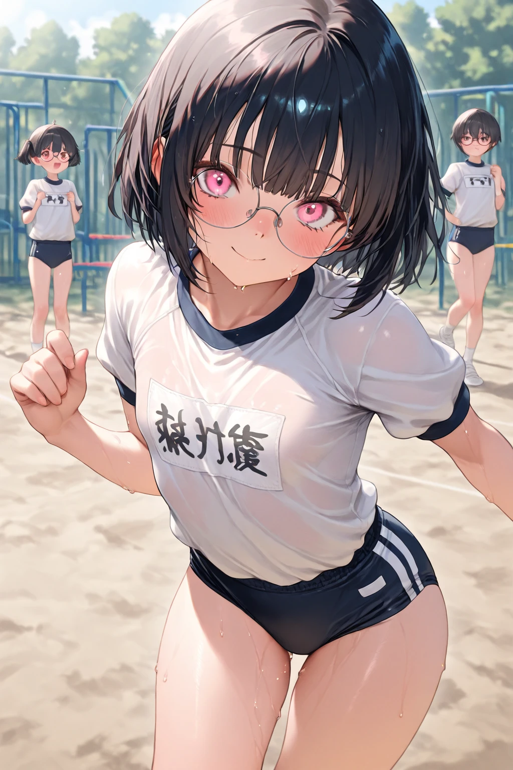 (3girls), (track and field), <lora:trackUniform_v1jp:1>, sports bras, (short purple hair:1.2), yellow eyes, track uniforms, sportwears, intricate details, transparency, sweat, cameltoe, evil smile, <lora:breastinclassBetter_v141:0.4>, nipples, small breasts