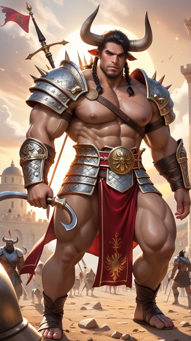 Mighty gladiator, chest uncovered, lower body revealed from thighs to feet, cascading long curls, detailed muscular physique, lifelike depiction, 4K resolution. Background: Colosseum during a spectacular sunset,32k uhd, best quality, masterpiece, super detail, high details