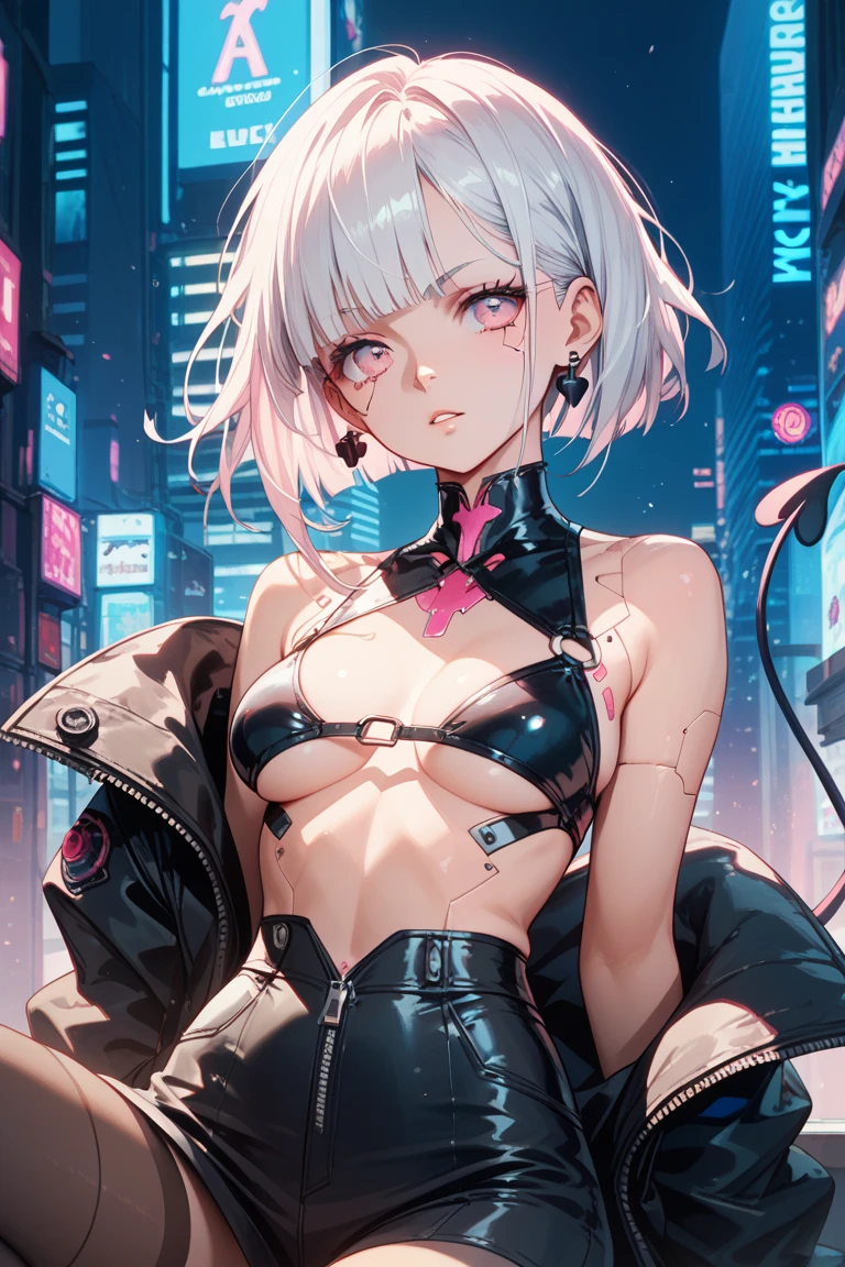 The character costume is KPOP, Hallyu, K-pop anime art style, Hallyu frontline style, Hallyu art style, kpop style, official artwork, Chibi art, Pisif, Blackpink style, cute. KPOP artwork in various poses, The popularity of Pisif art station, 16 year old chibi, No watermark, Extra close-fitting mini skirt, open jacket, extra short clear top Strapless, cleavage, style clothing cyberpunk, smallest short short, wide angle, short top, very short,