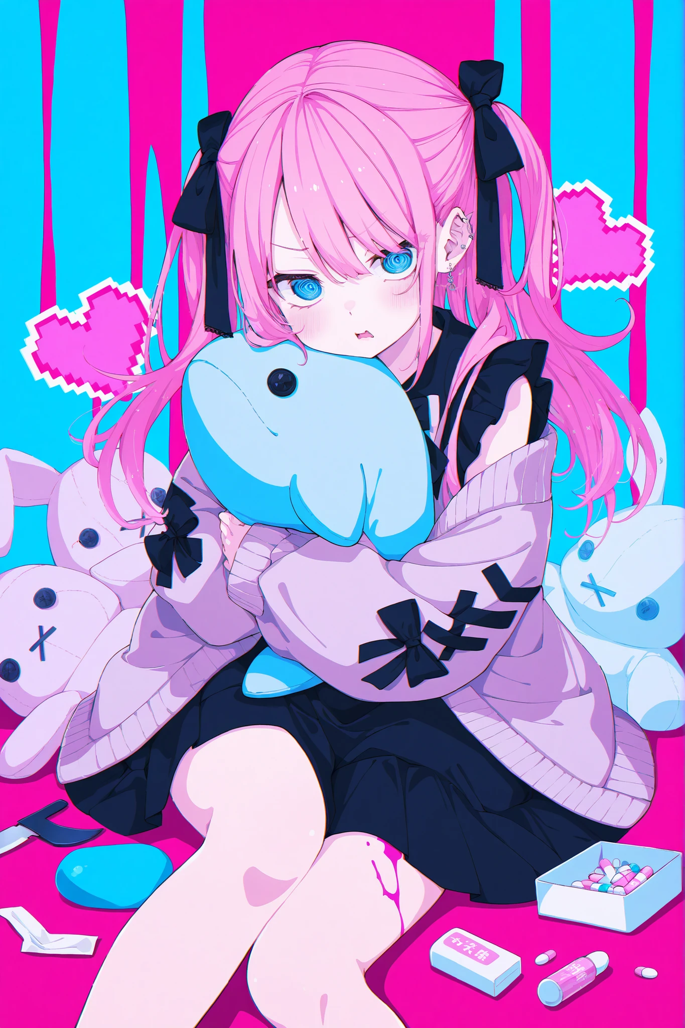 1girl, pink hair, blue eyes, insane expression, limited palette, jirai-kei, jirai kei clothes, jirai kei outfit, yami-kei, denpa-kei, denpa, denpa aesthetic, denpa colors, sitting, hugging a plushie, knife, pills, pink blood, pink, black, blue, hearts, heart, cute background, yami background, simple background