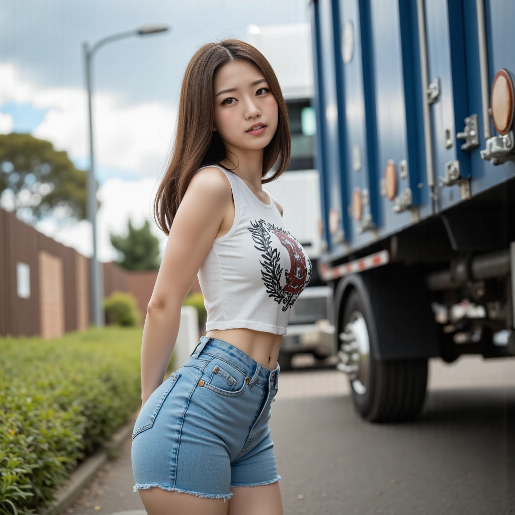 High quality, realistic photo of a young Asian woman wearing a white bra and blue denim miniskirt posing at eye level in front of a red truck on a vibrant day. The woman's right arm is raised in the air, adding a touch of color to the scene. The truck is emblazoned with "TOYOTA" in bold white letters, while the truck's logo is shaded in darker red. There are mountains in the background, and the background is blurred, adding depth to the composition.