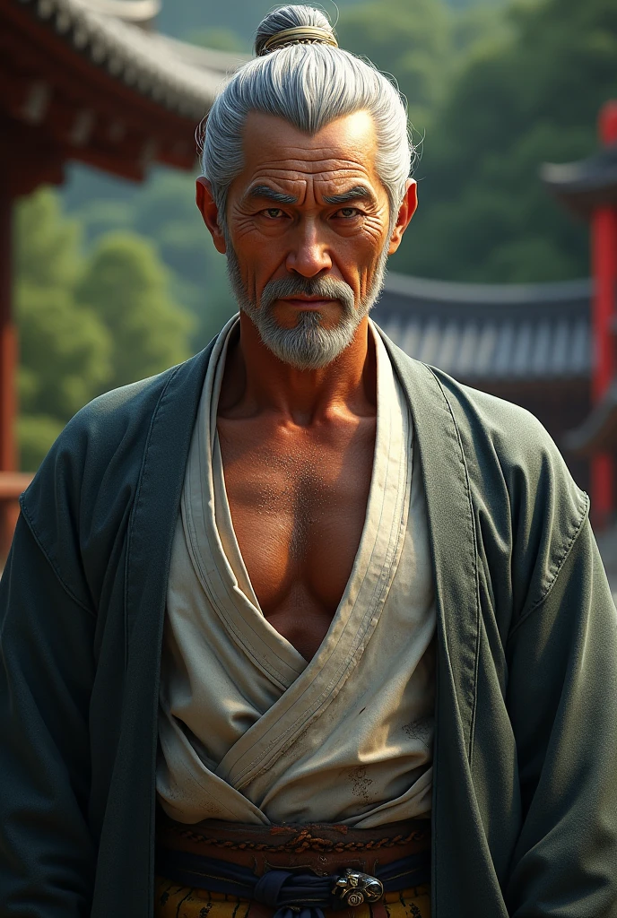 8K,Wearing a green and black Japanese kimono、白いひげを生やしたmuscular slim bodyの老人男性, old martial arts master,style sacristy water, An old man with long gray hair tied back,close-up character portrait, low length,muscular slim body,Stanley Artgerm Rau, wearing old samurai clothes, masterpiece,Photorealistic RAW photos of the highest quality。bright colors,rich colors, Backlight, cinematic lighting, film grain, to be born, 50mm lens, Nikon D850,detailed character art,fantasy art,ultra high resolution,super realistic skin,perfect hand shape,stand on rough ground,innocent smile,Old Man(80 years old),comical pose,muscular slim body,
