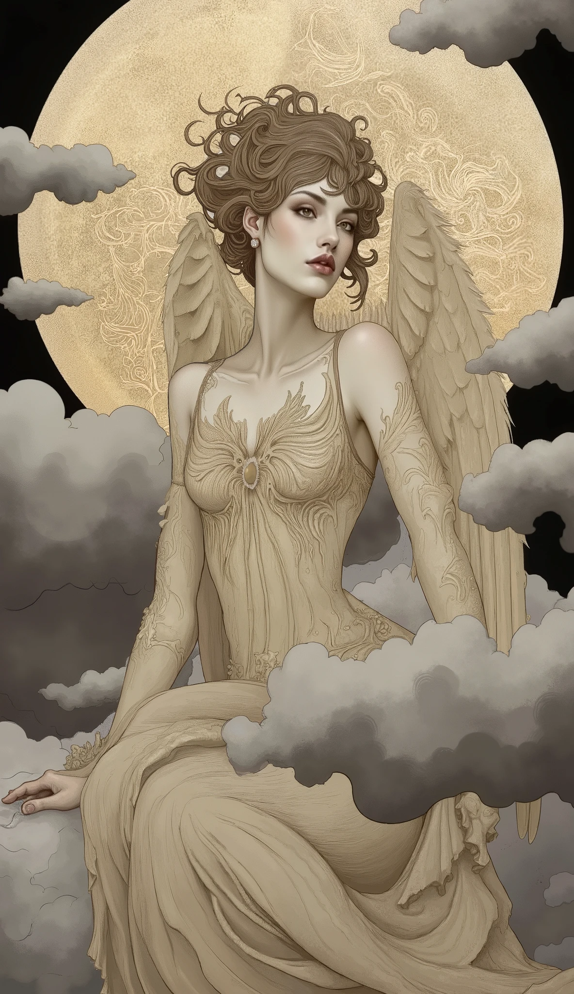 ((best quality)), ((masterpiece)), (detailed), alluring succubus, ethereal beauty, perched on a cloud, (fantasy illustration:1.3), enchanting gaze, captivating pose, delicate wings, otherworldly charm, mystical sky, (Luis Royo:1.2), (Yoshitaka Amano:1.1), moonlit night, soft colors, (detailed cloudscape:1.3), (high-resolution:1.2)