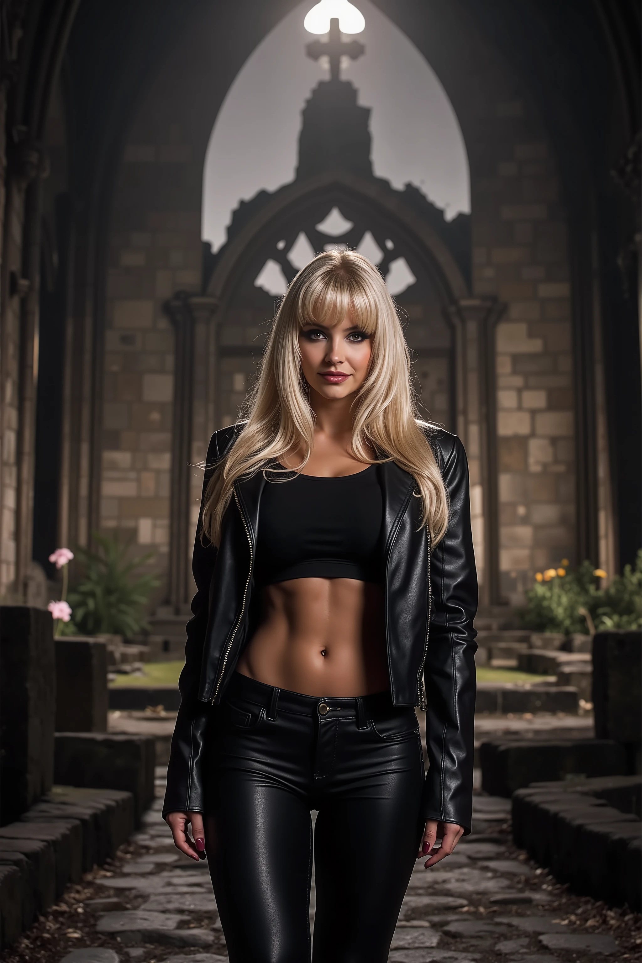 gothic rock woman Long blonde hair with bangs , thin waist , thick thighs , big breasts , six pack abs , toned legs , biceped , leather t-shirt , black leather jacket , Black leather pants , Black leather boots , Goth makeup , black eyeliner , woman , attractive body , hot body , thick thighs , very thin waist , six pack abs , thick lips gothic ancient Gothic Cathedral in front of the ruined altar of in front of the ruined altar of an ancient gothic cathedral at night in the moonlight in dense fog 
