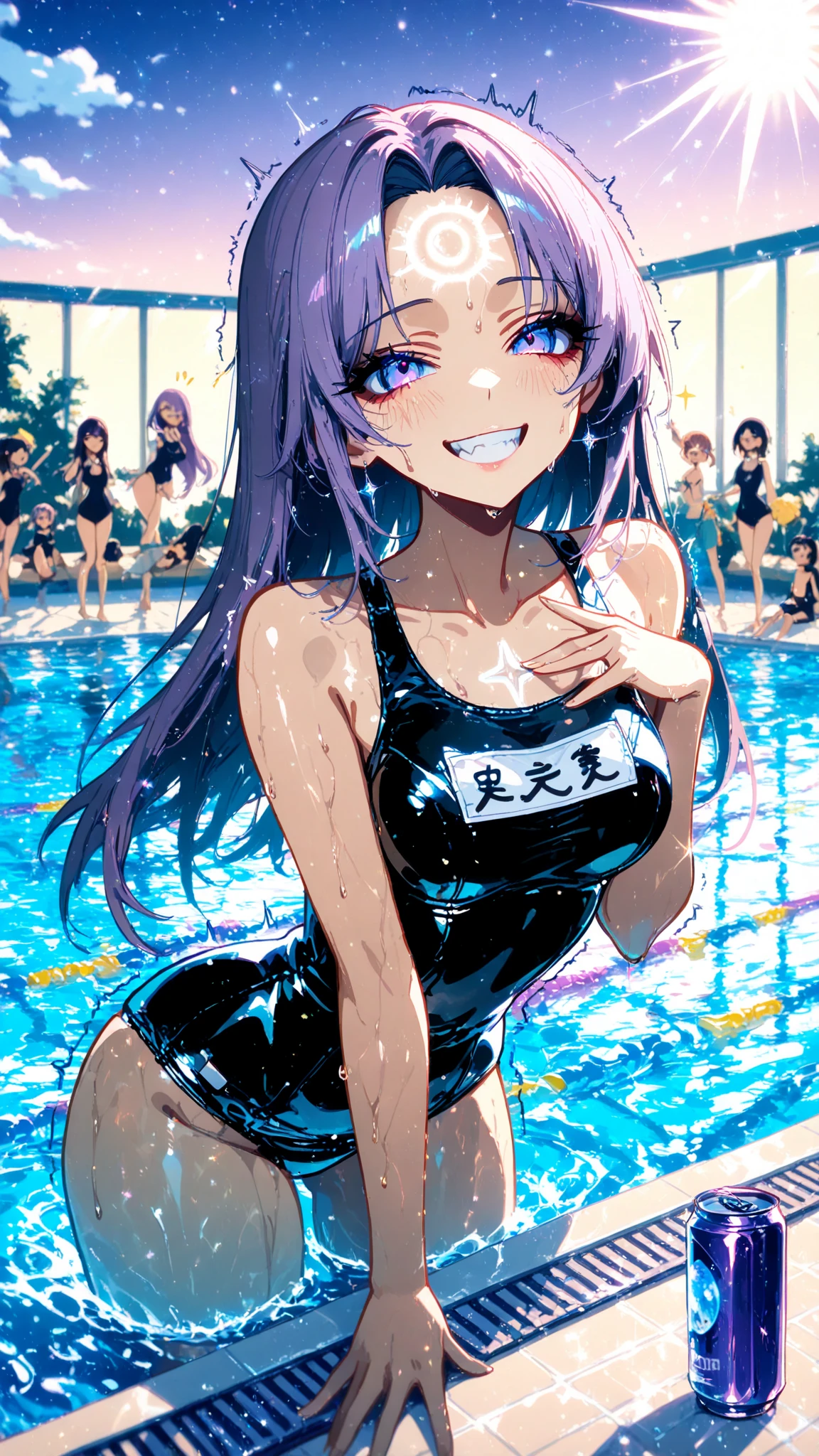 grinning、Sneer、Random pose、crawl on all fours、crawl on all fours、swimsuit、Small breasts、、Light purple hair、Semi-long hair、Pale purple eyes、Blushing、Small breasts、Small breasts、Black Bikini、lipstick、Perfect hands、Detailed hands、Poolサイド、Pool、one-piece swimsuit, strap slip、backwards、、backwards