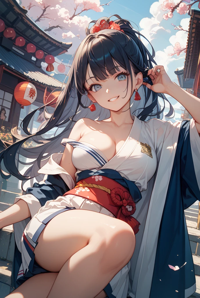 in 8K,masterpiece、top-quality、The ultra -The high-definition、Top resolution、ighly detailed、profetional lighting、pretty skin、a very cute、Young Face、cleavage of the breast、Underbust、Hands on the chest, A dark-haired、semi long hair、Hair Ribbon、blue eyess、red blush、(Sit on the ground:1.1)、Opening legs、raise her legs、 a navel、frombelow、a wet body、swim wears、 swimming pools、 (the wind:1.3),full bodyesbian