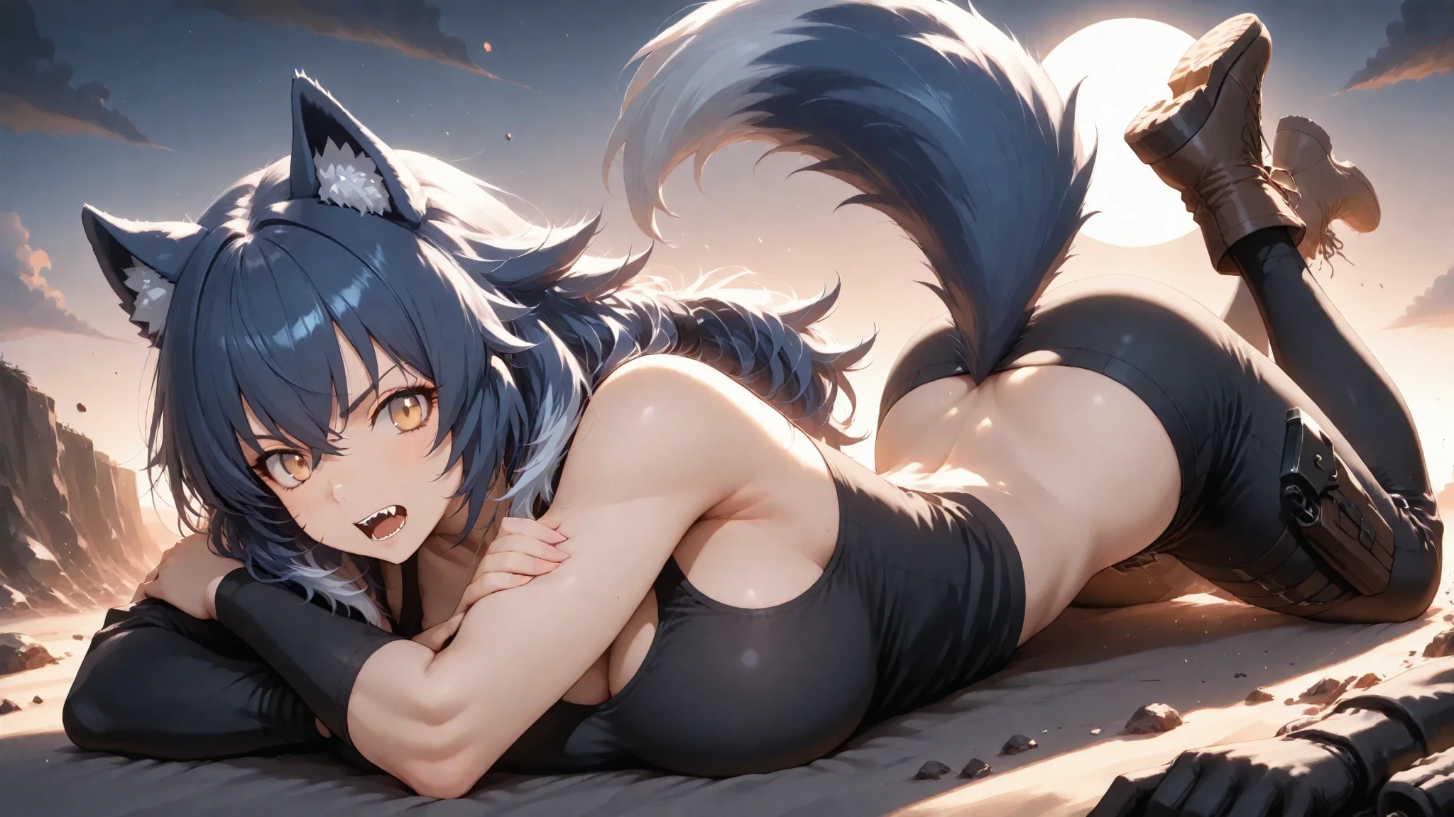 ((Masterpiece)), (Best Quality), Solo, miosha1, hair ornament, ponytail, wolf tail, swimsuit, white shorts, thigh strap, black jacket, leaf print, collar, string bikini, (NSFW:2.0)