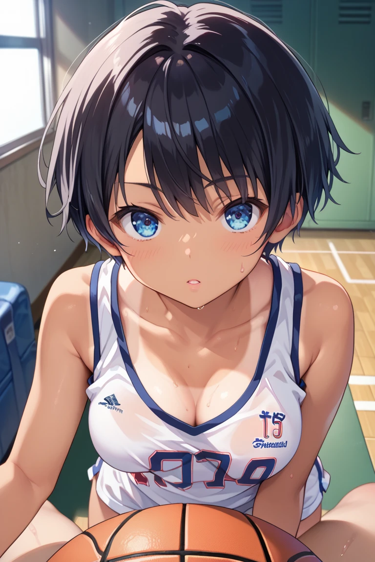 Highest quality、High resolution、Detailed Background、Beautiful Face、High detail、(Perfect Anatomy, Perfect Style)、(Detailed facial expressions)、(fine grain:1.2)、Teenage Beauty、(very wide shot:1.5), One Girl、Elementary school students, Cute black hair、Braided Bob, Braided, clear, deep blue eyes、Braided Ponytail, Braided bob cut, Basketball game, jumping:1.5, dunking:1.5, Floating in the air:1.5, ((shoot from below:2, looking up)), (Red and blue basketball uniform:1.5, No sleeve:1.5)、((armpit:1.5)), ((large breasts:1.2, pointy breasts:1.2, high breasts:1.2)), Slamming a basketball into the basketball goal, Focus on the entire basketball court