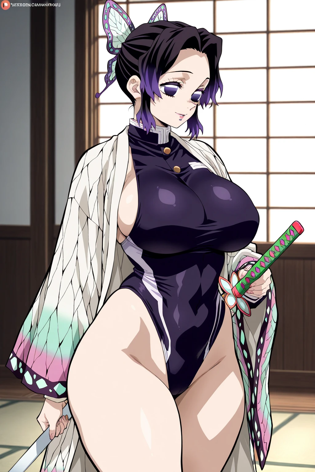 Kochou shinobu, 4k, absurd, high resolution, very high resolution, high definition, masterpiece, Short hair, purple hair, Separate bangs, Hair Adorno, Butterfly hair ornament, Purple eyes, Slayer Demon Uniform, sleeveless, black high-leg leotard, zettai ryouiki black thighhighs, cowboy shot, looking_at_viewer, serious, closed mouth, hairy natural public hair, natural armpit hair, huge_breast, side boob, erect nipples, standing, holding a japanease sword, (skinny, short stack), in the dark forest, night