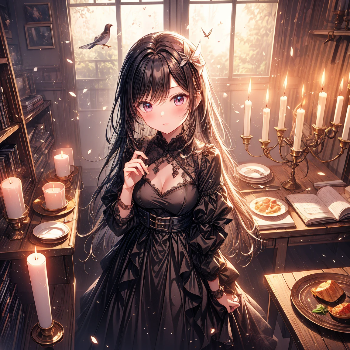 (candle),Witch, intricate detailes, Upper body, Girls Front, Head tilt, beautiful detailed fullbody, Petite, 1 girl, Young girls, Black Long Straight, Air bangs, Beautiful and detailed rune tails, Twin-tailed, Beautiful face, complex details beautiful and delicate eyes, Slightly open mouth, Perfect hands, Small breasts, zettai ryouiki, Light brown eyes, Beautiful accessories,( candle), (candle),Beautiful detailed black Gothic Empire waist dress, knee boots, crow, Moody lighting, HD Background, candle,Details Light 1 Girl, hyper quality, Best Quality, Wallpaper 8k CG,candle,