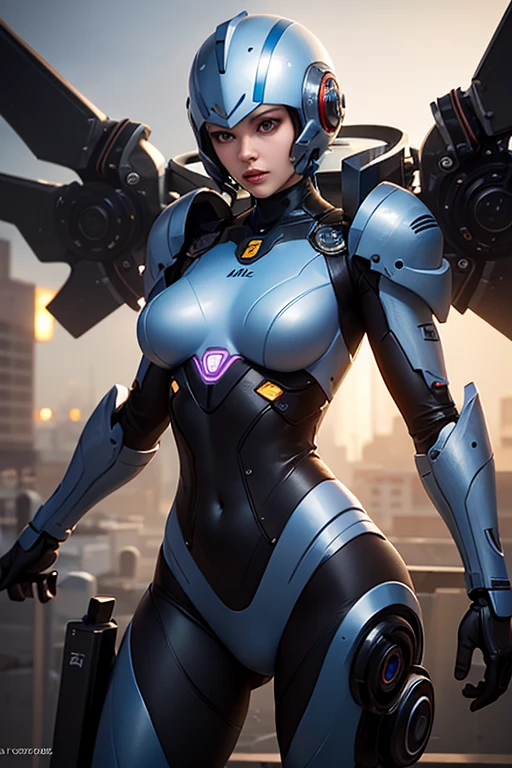 Female RoboCop、Armor that completely covers the whole body、Very large breast-shaped chest armor、Helmet that hides the eyes、Iridescent armor、Armor that completely covers the chest、Slender and long legs、Vibrant poses、Full body view