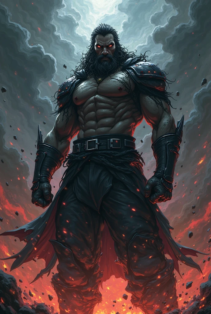 A refined version of 'Cão Raivoso,' inspired by DC's Lobo, in a Dungeons & Dragons 5e setting. The character is depicted as a Goliath Barbarian with a more human-like face, long black hair, and a distinct goatee that covers only his mustache and chin, similar to the style in the reference image provided, with the sides of his face clean-shaven. His eyes are a vibrant, glowing red with dark black markings around them, enhancing his intense and menacing appearance. He has gray, stone-like skin, covered in tribal tattoos and scars. He is wearing a torn, rugged black leather jacket over spiked leather armor, with the jacket sleeves ripped off, exposing his muscular arms. His face bears a wide, human-like grin as he laughs, showing normal human teeth. He wields a massive, blood-stained great axe slung over his shoulder. The background is a barren, post-apocalyptic wasteland with smoldering ruins and a blood-red sky, emphasizing his brutal and chaotic nature. The pose should be dynamic, highlighting his powerful and intimidating presence, face inspirad in actor Jason Mamoa.