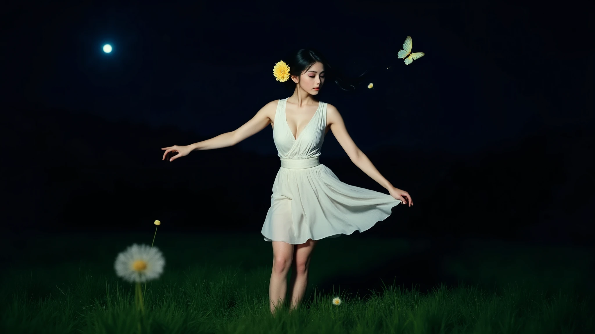 Elf female, feminine look, sexy hair, green outfit, leaves around body, swirling air movement, wide angle, full body view, loose fabric, geometric shapes, small breasts, lemon pattern kimono, rated R, up-do hair, Bauhaus, geometric shapes