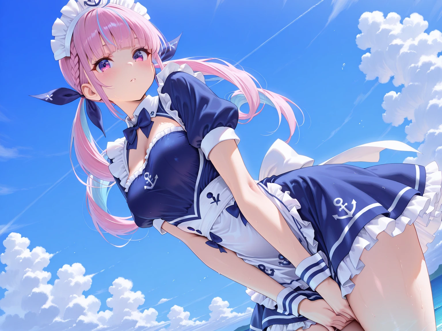((highest quality)), ((masterpiece)), (detailed), Naked Apron、School Swimsuit、Young Wife,See-through,Short length,Confused Eyes,Open your eyes a little、blonde、Terra, Erin,Thighs,Braid,White to red hair color gradation,Looks sleepy,Blue ribbon with white embroidery,Red pattern,Glare,Also々Shii,The tips of the hair are on fire、Side net,mini skirt,whole body,Panty shot、Looking up from below,nice,Twin tails,Fox Ears,Blue Archive