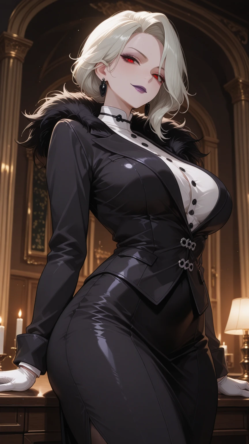 female, silver long hair with black highlights, red eyes, (((1girl))), (((red suit with black pinstripes))), (red knee length skirt with black pinstripes), (black dress shirt), (black ankle boots), (black stockings), (red wide brim fedora with black rose), cute and sexy, full body, large breasts, large butt, long legs, smiling