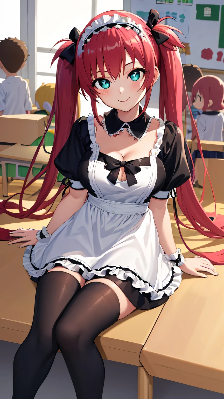 {{{masterpiece}}}, (best quality:1.5), (ultra-detailed:1.5), {illustration}, {{an extremely delicate and beautiful}}, (beautiful detailed eyes:1.6), absurdres, highres, extremely detailed face, 16k, hd, visual anime de uma jovem mulher, extremamente bonito rosto de anime, anime melhor garota, (perfect hands, perfect anatomy), (five fingers:1.1), anime face, Airi(Queen's Blade), AiriV4, 1girl, solo, cute face, twintails, long hair, red hair, bangs, sidelocks, Maid headdress, flushed cheeks, green eyes, (big eyes:1.3), Naughty big, large full breasts, big hips, curvaceous, BREAK, (black maid outfit:1.2), white apron, black collar, white frills, black bow, cleavage, puffy sleeves, wrist cuffs, black skirt, (mini skirt:1.3), flared skirt, thighs, thighs, thighs, (black thighhighs:1.3), thighs, zettai ryouiki, BREAK, 1girl, (many children:1.5), smiling, face-to-face, girl is Child minder, beautiful anime girl, beautiful art style, close up of breasts, Looking at Viewer, perfect body, (boy child smock clothes:1.3), {play with boy(Child minder)}, indoor, (kindergarten:1.5), (Soothing a child:1.5), (surrounded by children:1.5), (bust shot:1.3)