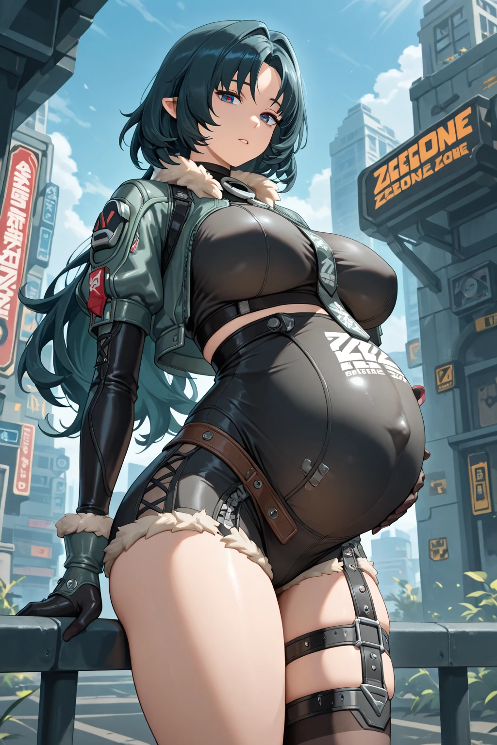 18 jear old Girl sit in destroyed city turned into a giant taller than buildings with belly