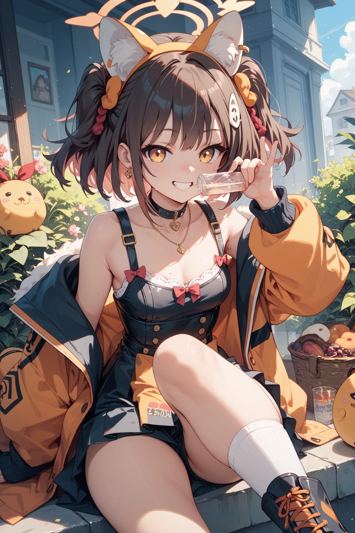 (8k, RAW photo, best quality, masterpiece, highres, absurdres, ultra detailed:1.3), (Photography, realistic, photo-realistic:1.4), (beautiful natural lighting, beautiful deatailed shadow, beautiful detailed glow :1.4), atmospheric,
BREAK 1 beautiful girl,(Cute:1.5),(Chibi:0.5),(kawaii:2),(Loli:2), (17 years old girl), Very detailed, colourfull, highest details, BREAK, (Huge breasts: 1. 2), Clear skin, Beautiful skin, Shy skin,(Brown hair:1.75), (fluffy Big cat ears, Ponytail, medium-Long hair: 1. 2), (Light blue eyes, long eyelashes, Double eyelids: 1. 2),Solo,gleaming skin, Clear skin, Beautiful skin,(best quality face),(Top quality glowing eyes),(evil smile, blush :1.45), (cross wound on cheek: 1.45),
//Character
1girl,
BREAK (black and yellow theme:1.4), ((japanese idol costume with bee motif, punk and fancy style):1.2), (roll-up sleeves Latex black closed jacket with yellow bellied lapel:1.4), (zip-up:1.5), (costume divided into tops and bottoms:1.3), (collarbone:1.3), (crazy amount of buttons and needles:1.2), (yellow (eyelet belt, grommet belt):1.3), (yellow (See-through tulle skirt, tulle Layered mini skirt) with ruffles:1.3), (fancy over-knee-socks with black and yellow striped pattern:1.4), (black high platform boots with lace-up:1.2), (choker with silver needles:1.3), (bangle with silver needles:1.3), (Cute logo with a bee motif on jacket:1.2),BREAK
(looking up, sitting cross-legged (i.e. Indian style), Japanese temple, Todaiji, Maitreya statue in background, two Japanese candles, seven incense sticks, hands together, prayer pose, eyes closed, large prayer beads around neck:1.6),
BREAK wakame,wakame,wakame,(cowboy shot,from front:1.4), BREAK manga illustration,manga style,
