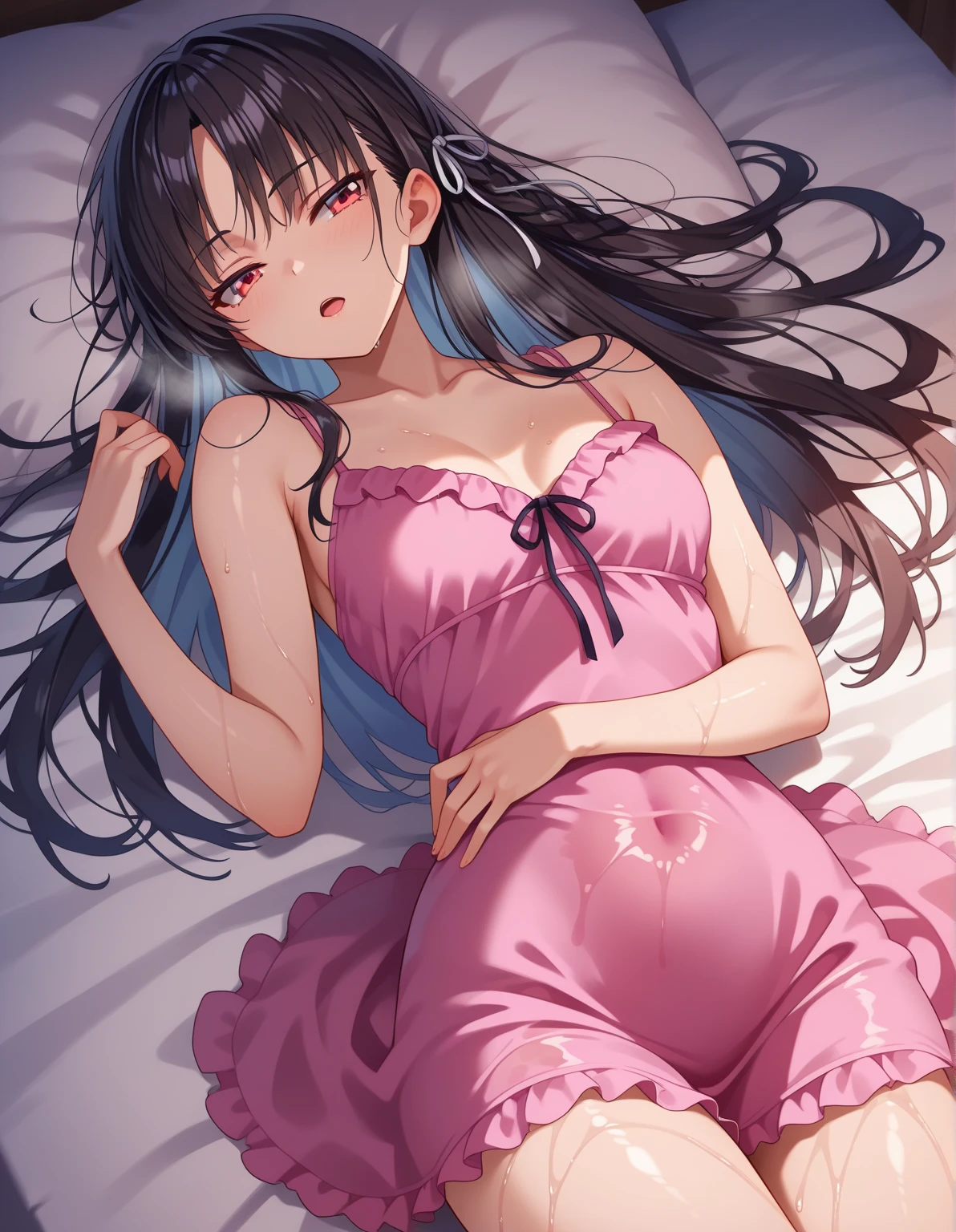 (best aesthetic,best quality,ultra high res,insanely detailed,exquisite,absolutely resolution,explicit),BREAK,(((perfect anatomy,perfect proportion,artstation female body))),BREAK,(detailed beautiful jewely catchlight gradient slant eyes),ligne claire,gleaming skin,BREAK,nsfw,horny presenting,fall into pleasure,wistful look,orgasm,BREAK,(A sex-loving slut who can't help but want to do obscene things.),BREAK,(cute erotic toddler gal,loli),prostitute,BREAK,small baby face,childish and super cute,((((blush)))),BREAK,peerless super Bishojo,peerless super beautiful girl,super Kawaii,BREAK,low body size,short stature,slender,BREAK,(((((jirai kei))))),BREAK,(black and purple ((streaked hair))),(((((double bun long twintails hair))))),BREAK,((shiny glossy metaric beautiful hair,gradient hair)),BREAK,((small breasts)),((puffy nipples,erectile nipples,long nipples,huge areolas,bare breasts)),BREAK,(Alice's Adventures in Wonderland,idol,negligee,saree),(lots of frilled lace,ultra micro miniskirt),BREAK,(some border thigh high knee ((horizontal striped)) socks:1.3),zettai ryouiki,garter belt,No panties,BREAK,(legs up,spread my legs:1.2),love hotel,(lying on bed,arms bhind back:1.4),evening,(sweet pussy,show off pussy:1.3),(dripping love juice:1.3)