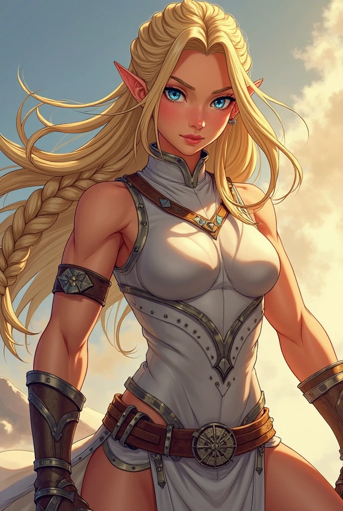 1girl, woman, heroic mountain celtic ranger, (muscular:1.1), sexy fur armor, pauldrons, (warpaint:1), bright blonde hair, Loose Curls,twin drills, arm at side / arms at sides, bombshell hair, dark blue-grey hair, Rat Tail,french braids, toned hourglass figure, caucasian<lora:EnvyCelShadedXL01:1.5>