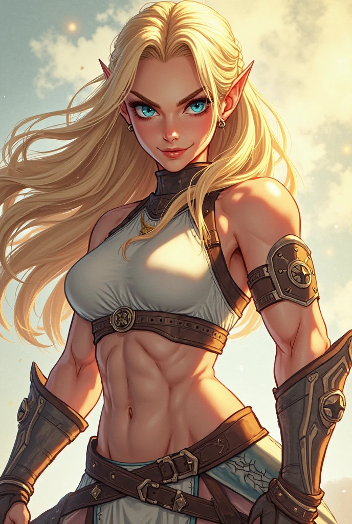 (Muscular:1.6), (thick thighs:1.7),
princess_zelda_aiwaifu, pointy ears, braid, hair ornament, hairclip, fingerless gloves, blue shirt, (halter top), crown braid, long sleeves, (blunt bangs:1.5), green eyes, sidelocks, thick eyebrows, (black pants, tight pants:1.3), (big smile:1.3), (long blonde hair:1.2),
(flat chest:1.9),
eyeshadow, lipstick, 
looking at viewer, (three quarter view), upper body view,
rim lighting, detailed skin, detailed eyes, grassy field