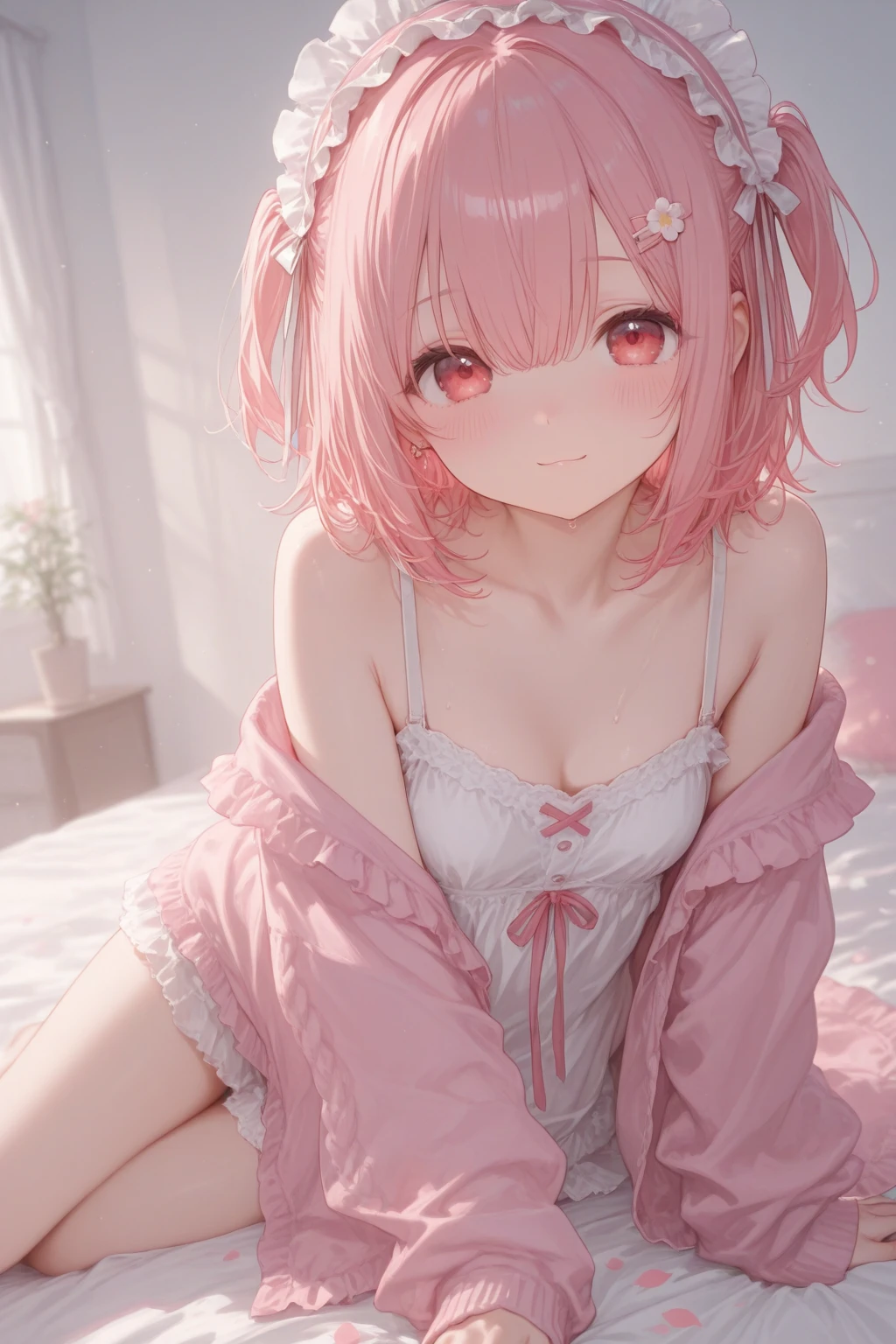 1girl,solo,cute,blush,pink hair,in bedroom,big breast,cleavage,crawl on all fours,from the front
