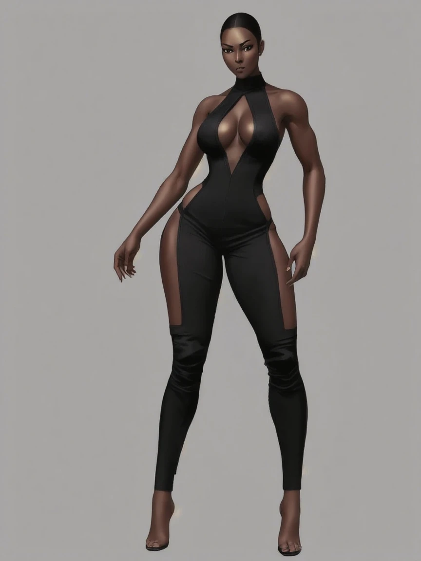 (Full Body, High Detail, Brunette Woman, Wavy Shag Haircut, Small Shoulders, Slim Waist, Wide Hips, Thick Legs, Black Top, Black Thong, High-Waisted Leggings, Front View)

A captivating brunette woman stands in front of the camera, her wavy shag hair cascading down her shoulders. The subtle curves of her small frame are accentuated by the detailed rendition of her body. Her slim waist transitions seamlessly into wide hips, giving her an hourglass figure. Her thick legs are strong and elegant, radiating confidence.

She is dressed in a form-fitting black top, the