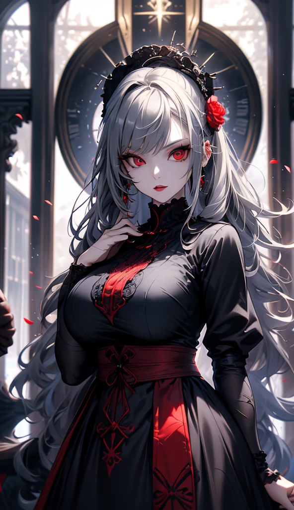 One girl,alone,One girl,alone,((Beautiful fine details)), (Detailed light),Depth of written boundary,(Gray Hair),Silver Eyes,Hair on one eye,(Red flower ), Hair Flowers,Long Hair,Black Cape,Wet,Emotionless,Holding a flower in your hand