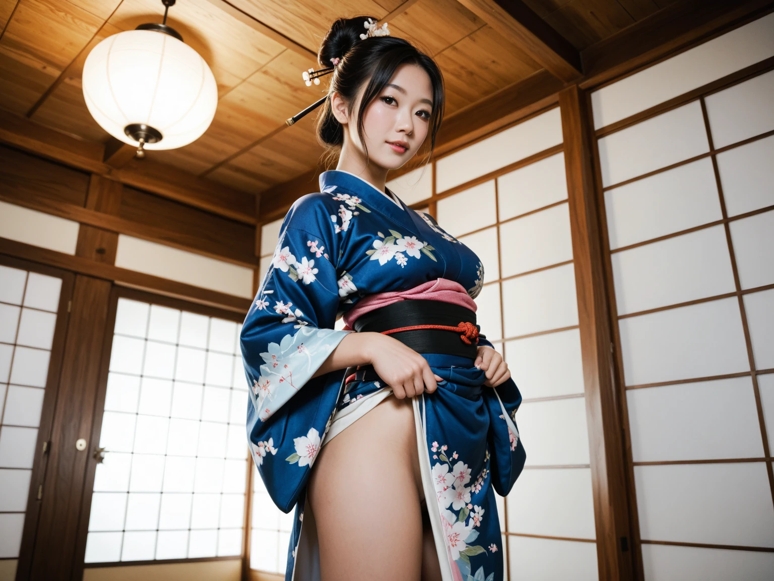 8k, RAW Portrait (Japanese women),masterpiece、Realistic:1.2、Realistic, Ultra-high resolution, Highest quality, Real Life Photos ,( in the evening :1.1),((yukata:1.4))、
((((1 female:1.5))))、Japanese women,((Japan)),Slender body,At the event venue、At work、Sleep on your back、
、big, beautiful, fine grain, Black Hair,(Written boundary depth:1.3)、 ((Dark brown eyes:1.2))、(Realistic skin texture:1.3)、(Immersive atmosphere:1.2、Chiaroscuro:1.2) 、(Audience:1.4)、((Embarrassed look:1.4))、((Red cheeks:1.3))、((From belowの天井:1.2))、(smile:0.9)、((She is wearing very thin red panties))、((Panty shot))、((A woman rolling up her skirt))、((From below:1.15))、((Panties close up:1.6))、((Spread your legs out to the side:1.4))、Panty shot、