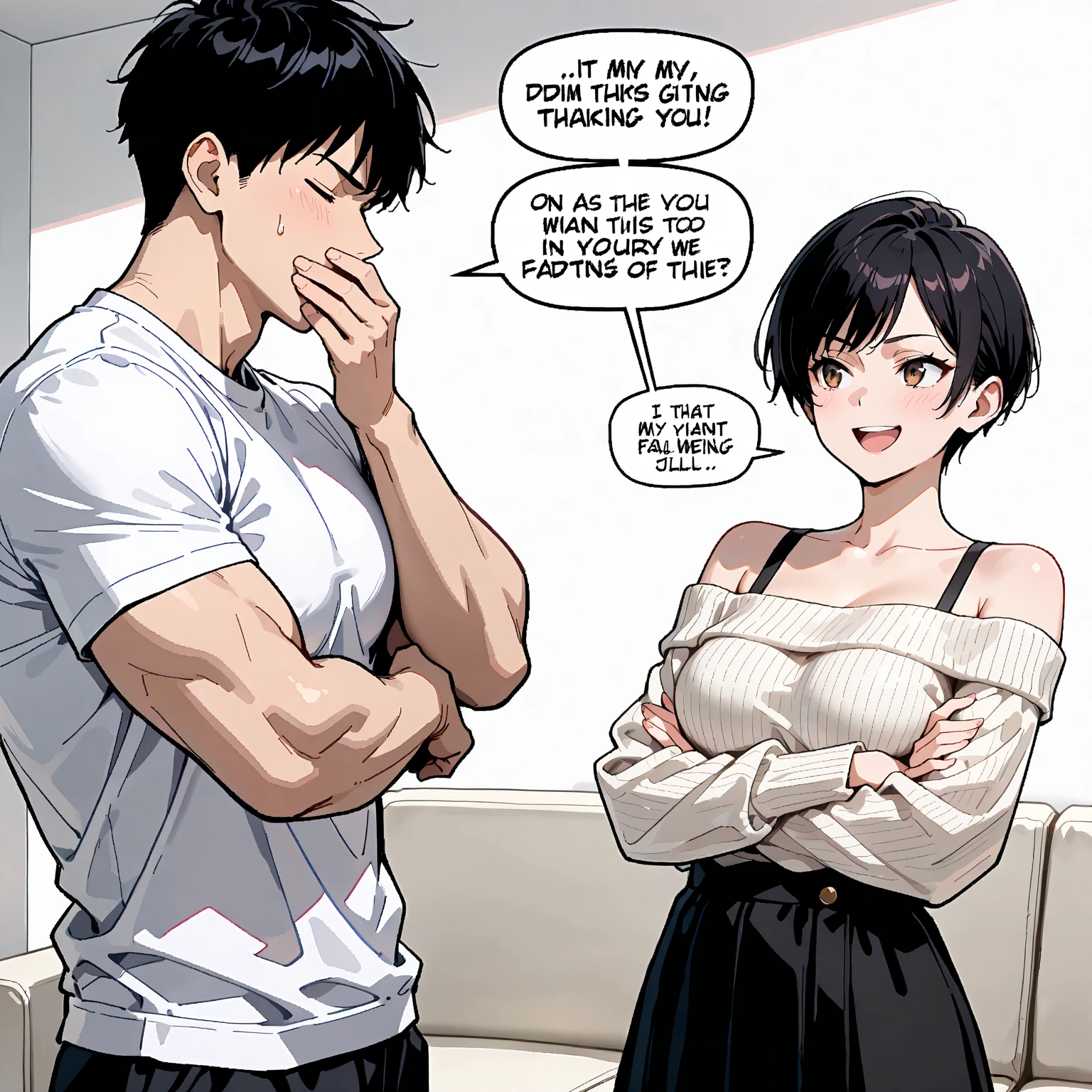Young blonde and man with black hair and muscular, the girl wearing a pink tank top with a low neckline, defined breasts, wearing short denim shorts, the man wearing a white tank top, with a muscular body