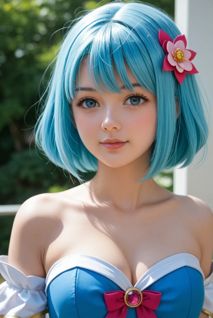 She has short platinum silver hair.、Beautiful young girl, Large clear pale blue eyes, A balanced perspective, And a kind smile, Wear the costume of Lum from Urusei Yatsura, Highly detailed and realistic, 8k, Very detailed, Realistic, Masterpiece